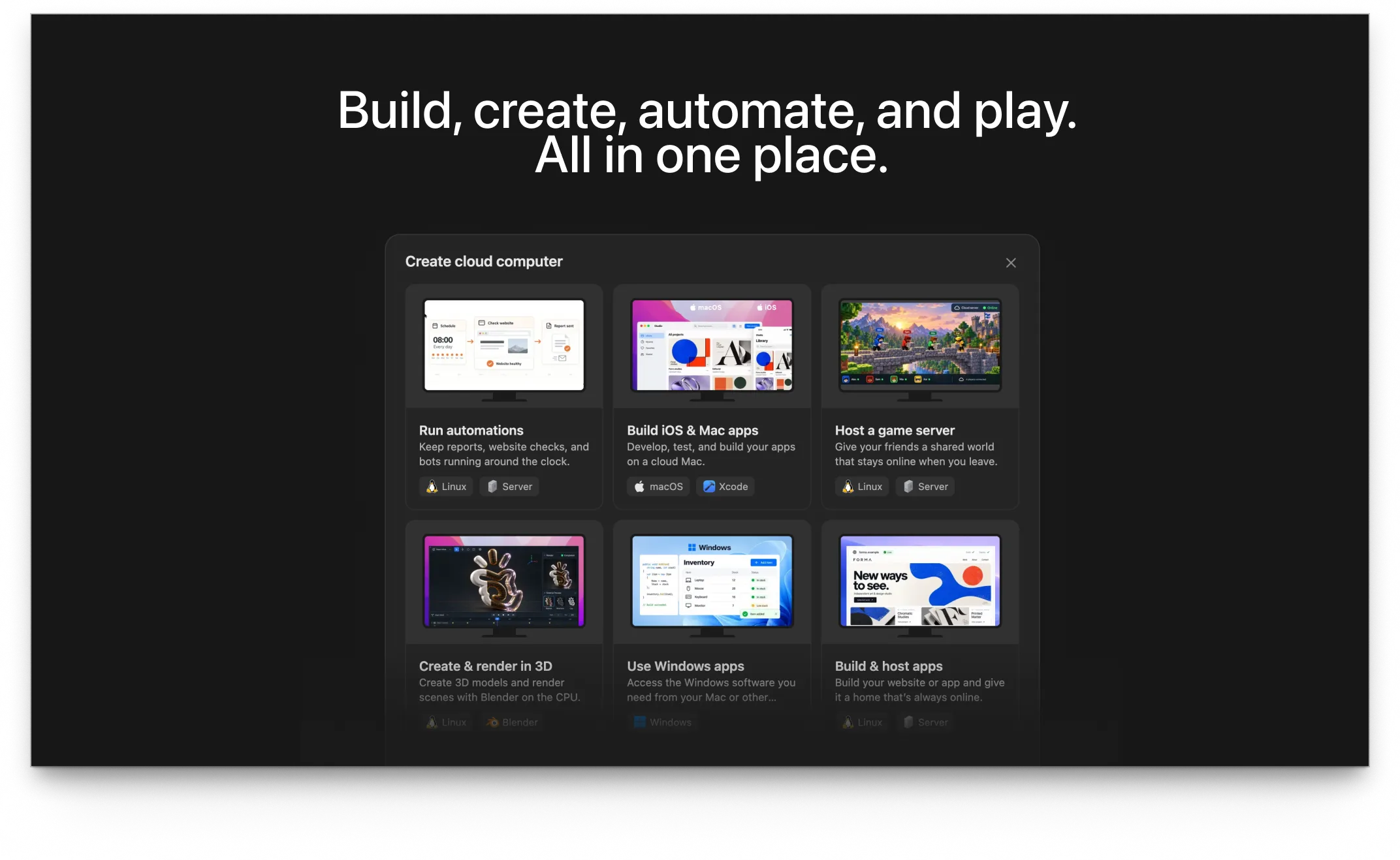 The Manus Cloud Computer creation screen, showing automation, game servers, and application hosting scenarios
