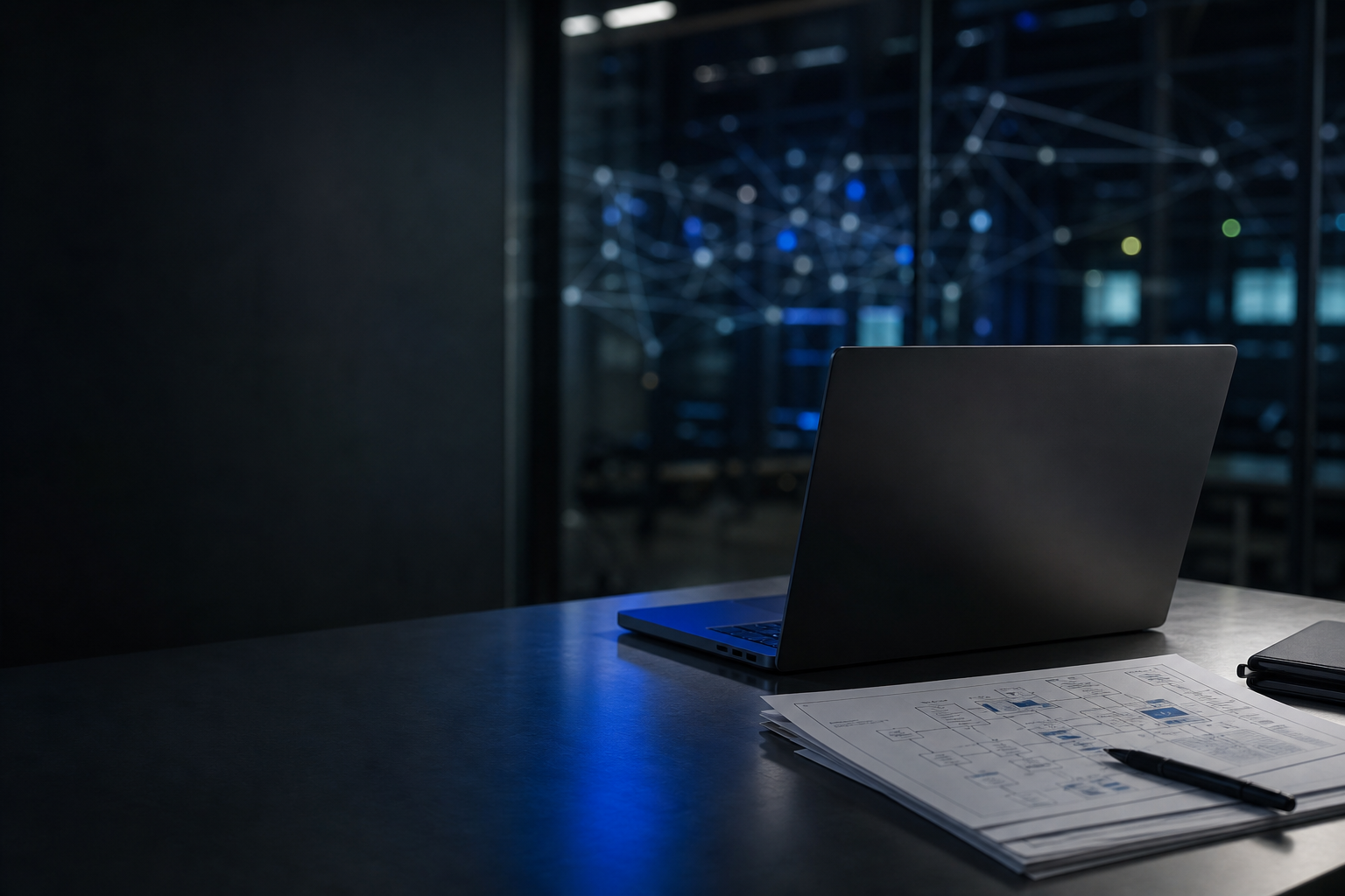 A calm technical workspace with a laptop and process diagrams