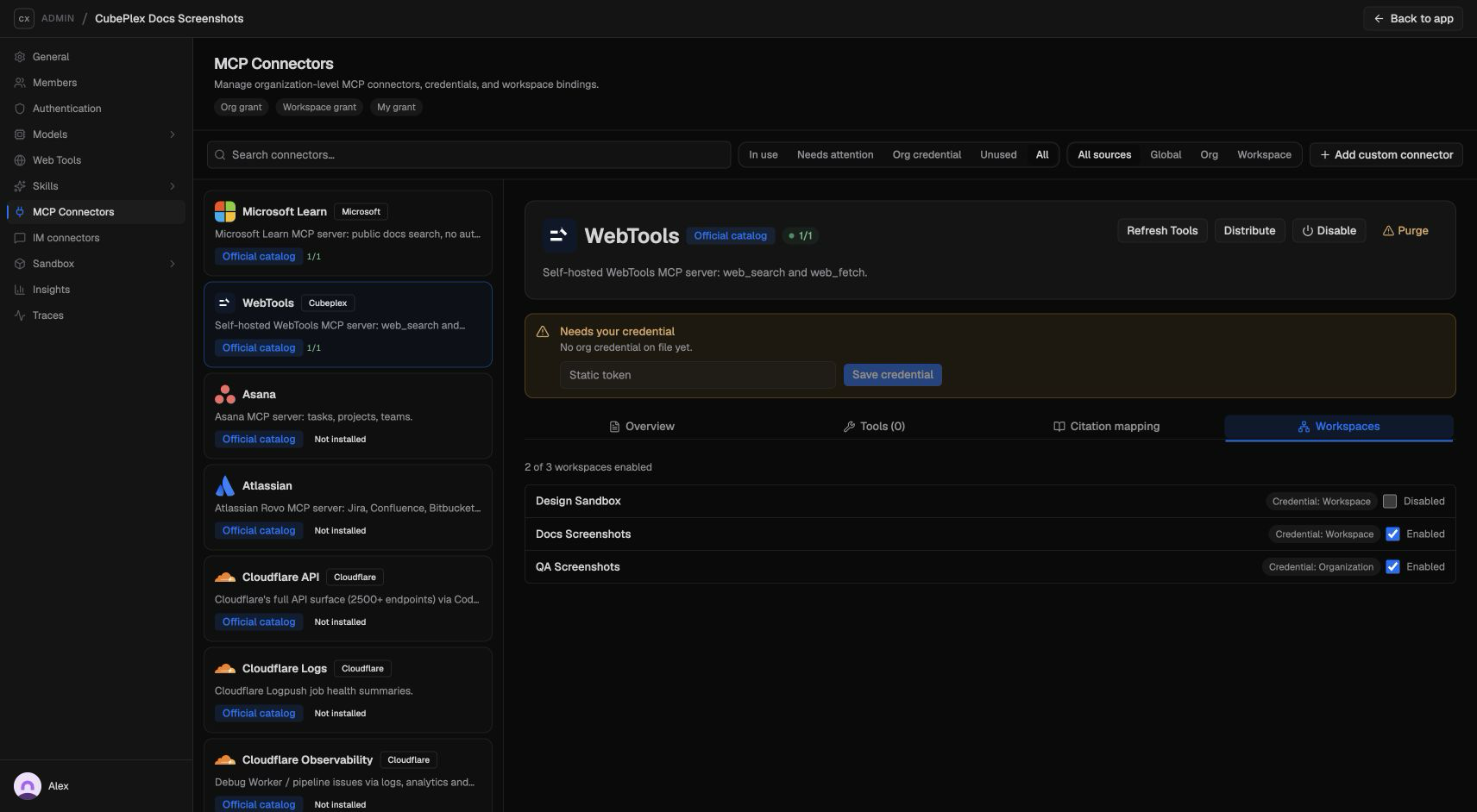 MCP admin catalog with connector filters and template list