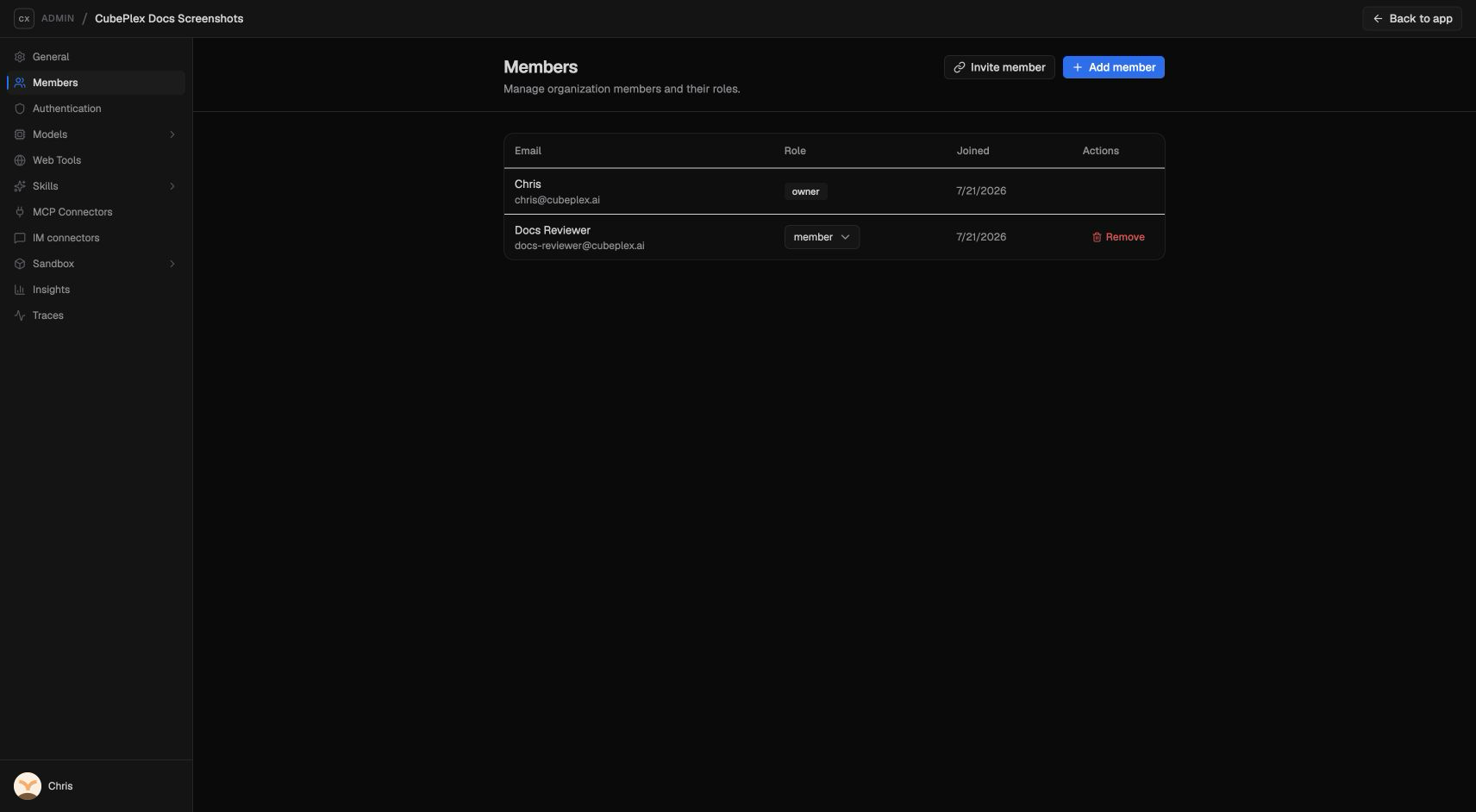 Admin members table with owner and member role controls