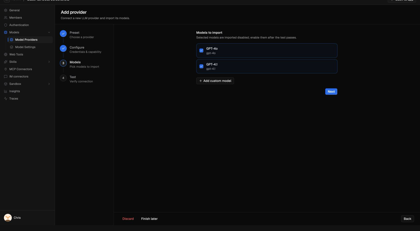 Model provider setup wizard with selectable reasoning models