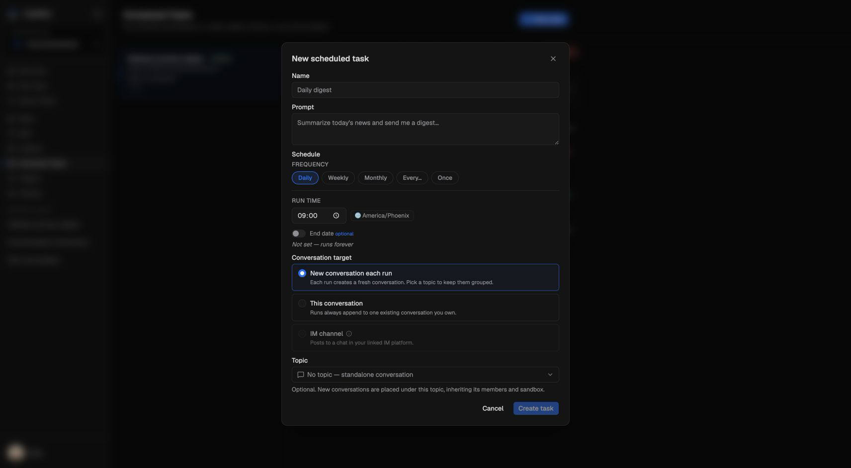 New scheduled task dialog with schedule and conversation-target controls