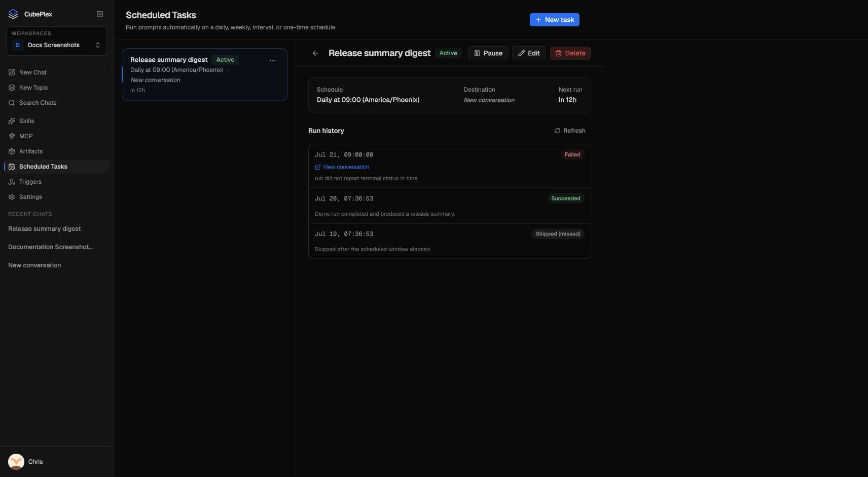 Scheduled task detail with run history