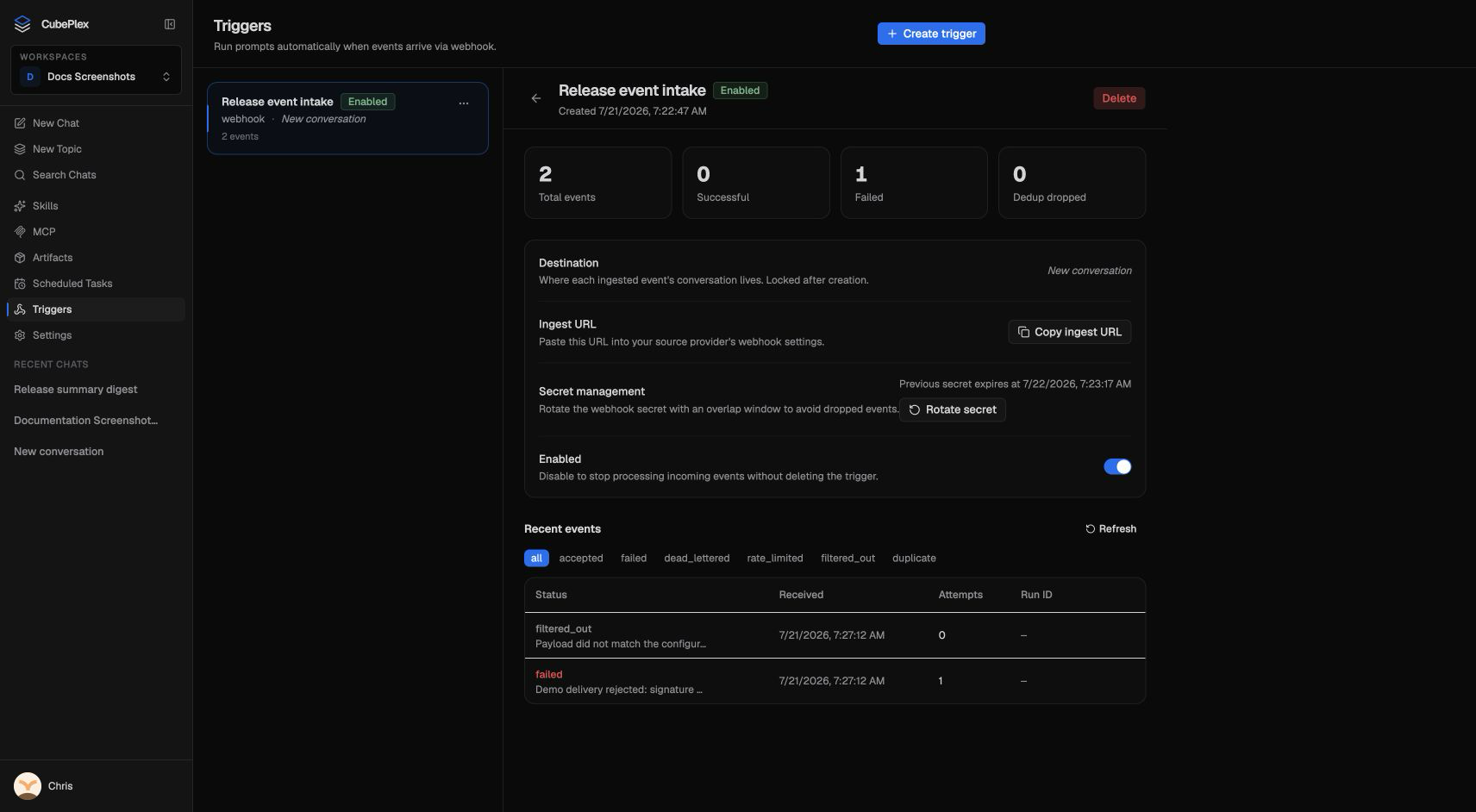 Trigger detail panel with ingest URL controls and secret rotation state