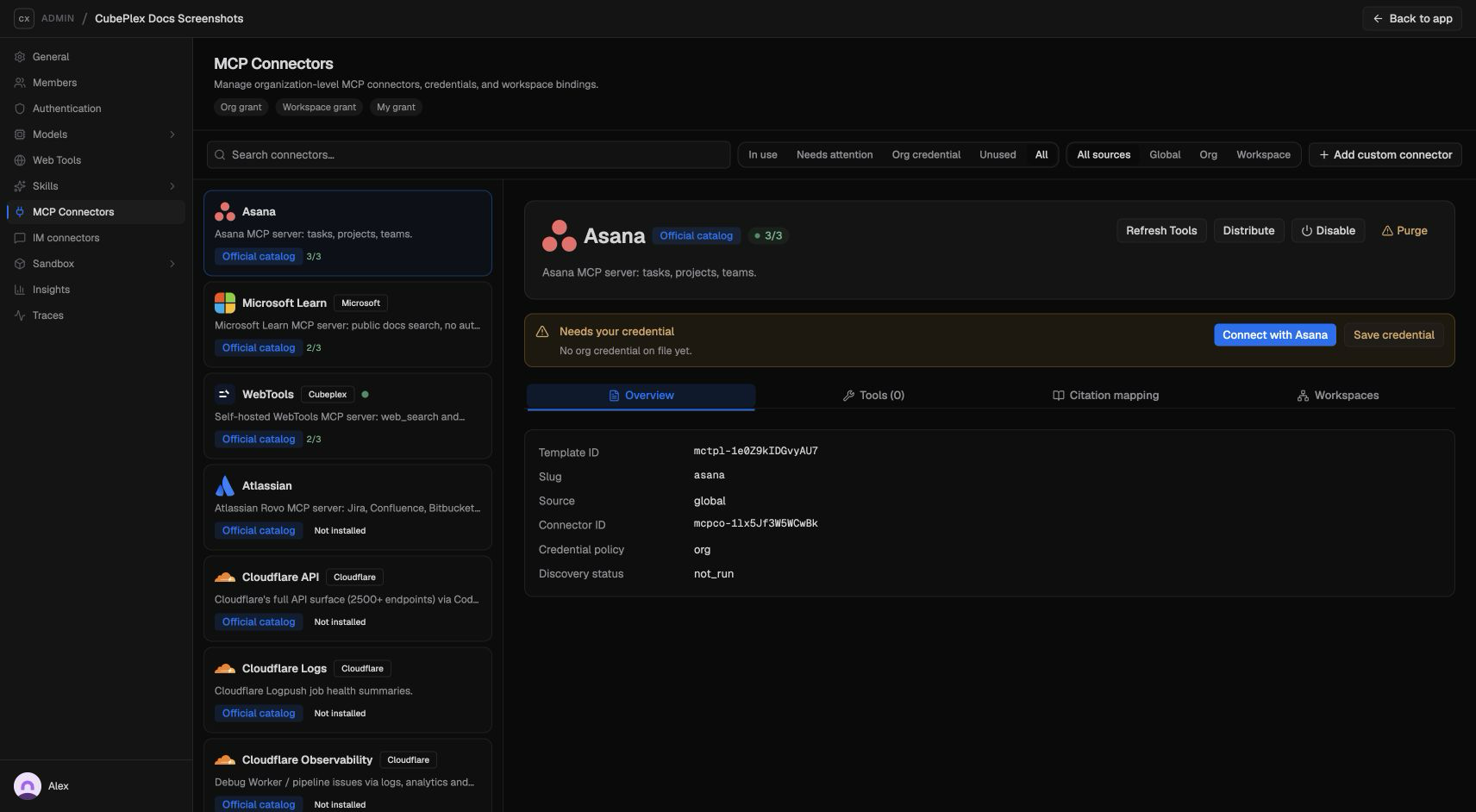 MCP OAuth 凭据面板，显示提供商登录入口