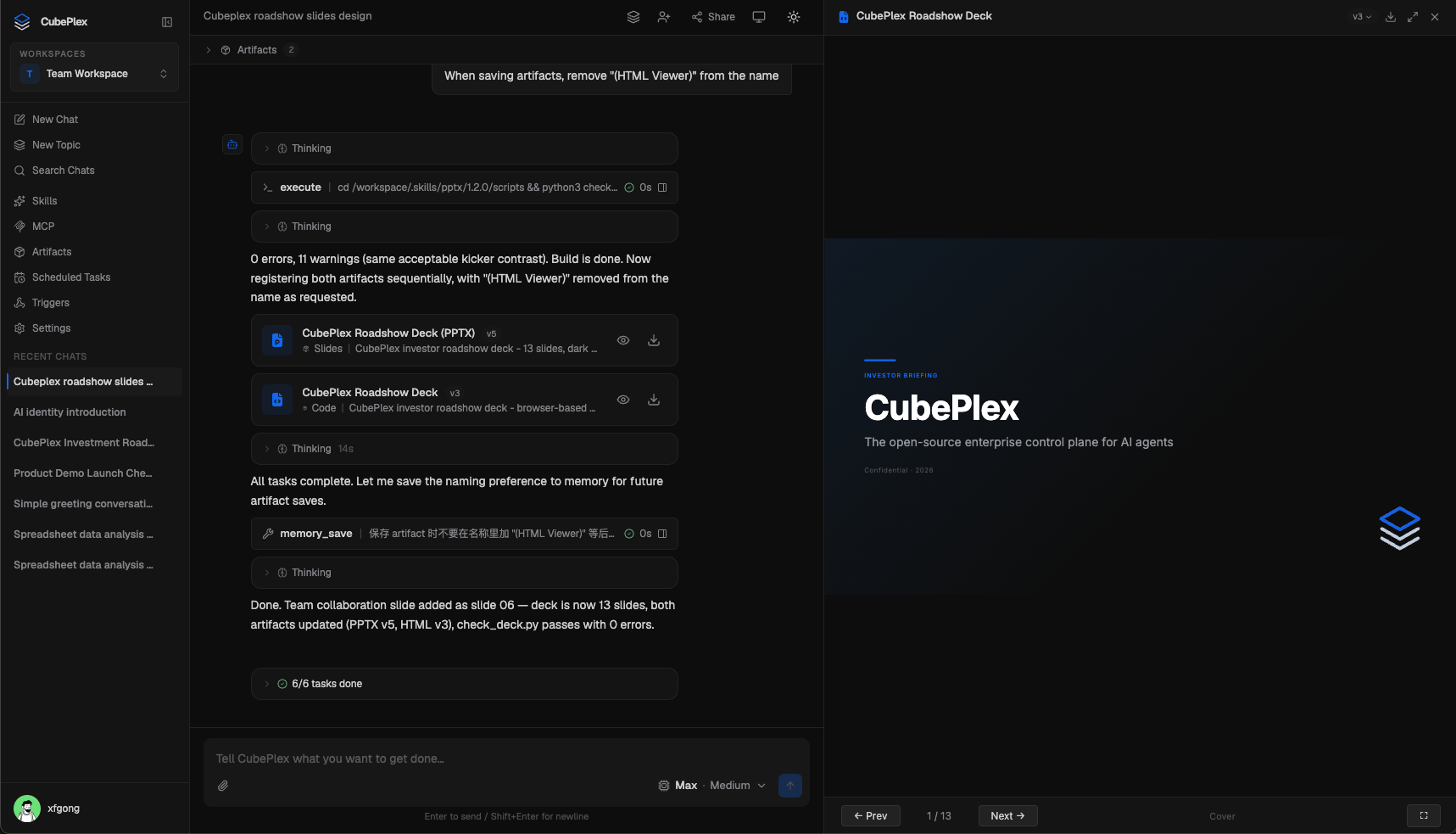 CubePlex workspace showing the team-controlled agent prompt